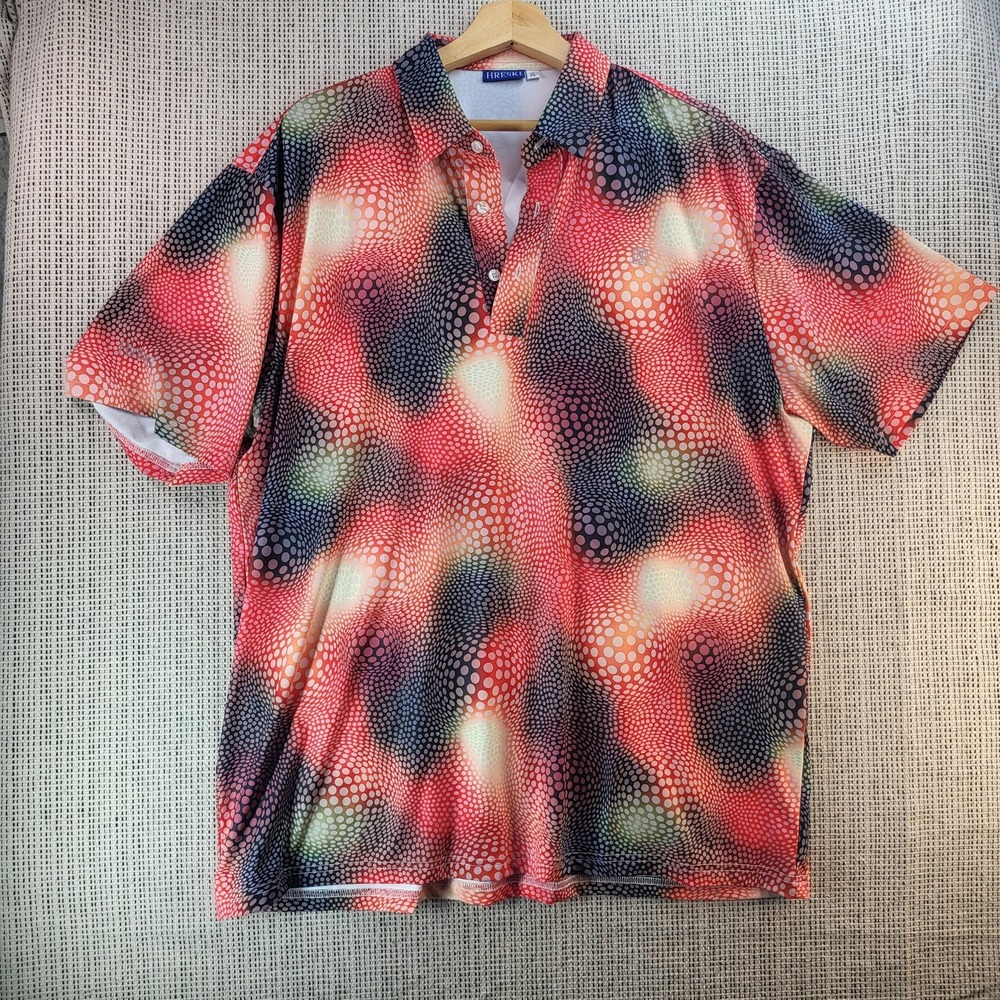 Hreski Polo Shirt‎ Mens XL Multicolor Polka Dot Golf Performance Casual Collared